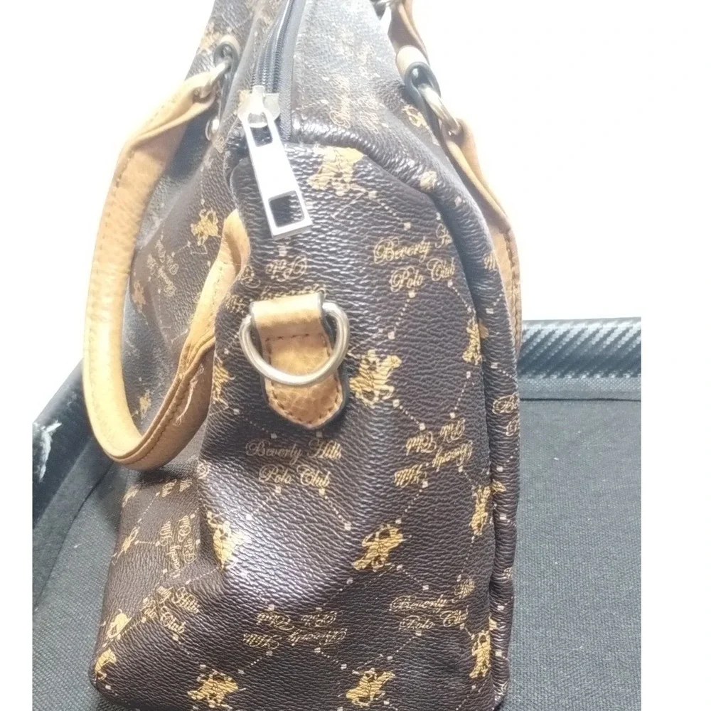 Beverly Hills Polo Club Brown Monogram Satchel Bag Striped Lining BHPC Logo